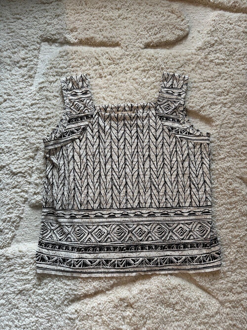 Vintage Y2K Pleat Pleat by Rafael Crinkle Tank Top Tan Black Geometric Large L